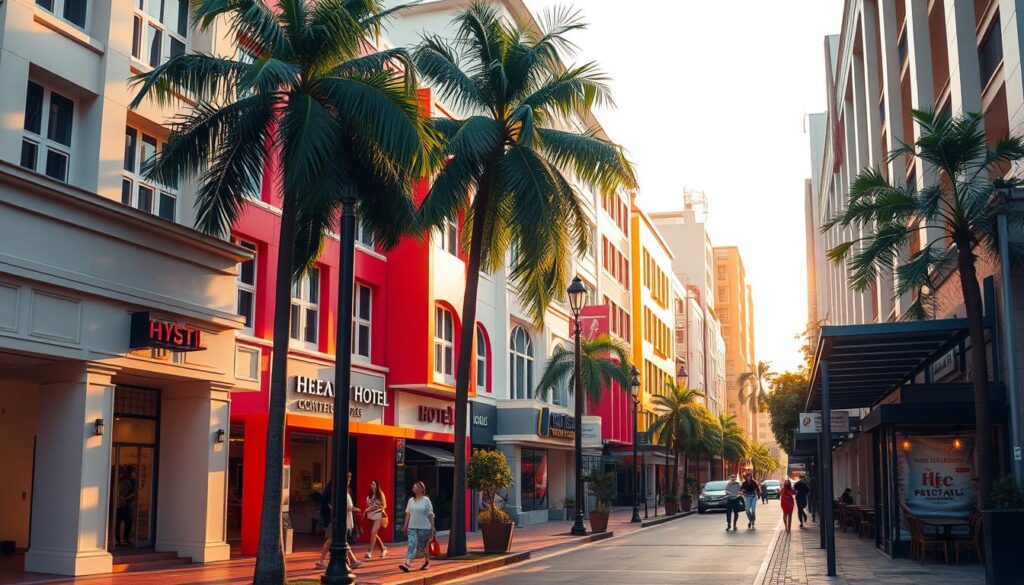 a vibrant street scene in singapore, showcasing a row of affordable, modern hotel buildings with clean architectural lines and bright exterior colors. the hotels are situated in a lively urban neighborhood, with pedestrians strolling along the sidewalks, palm trees lining the streets, and a mix of shops and cafes nearby. the scene is bathed in warm, golden sunlight, creating a welcoming and inviting atmosphere. the image should capture the essence of budget-friendly yet comfortable accommodation options available in singapore, catering to the needs of travelers seeking a balance between cost and quality.