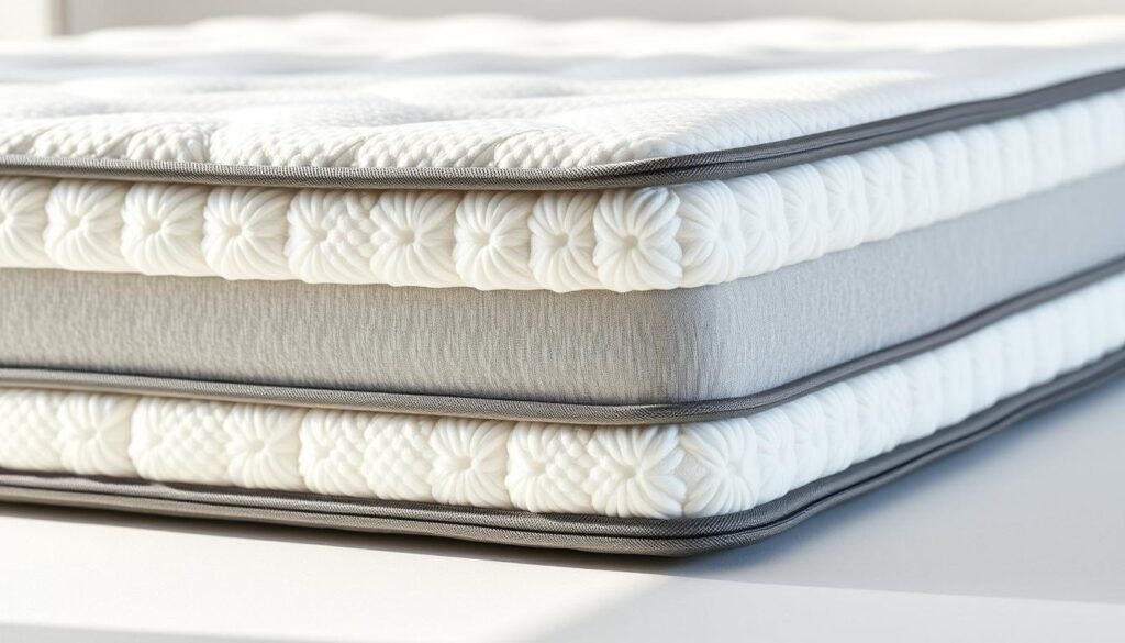 foam support mattresses, high quality comfortable plush mattress with memory foam layers and contoured design, fluffy soft surface, close up detailed view showing the foam structure and texture, minimalist natural lighting, clean plain background, professional product photography style