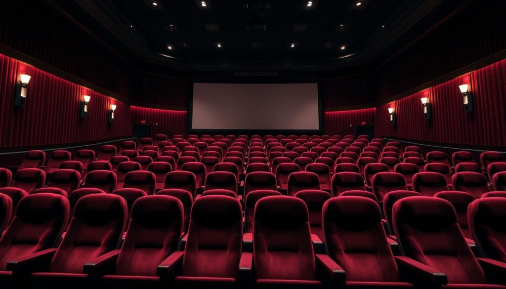 luxurious, plush velvet-upholstered cinema seats arranged in a tiered layout, with elegant curved backs and headrests in a rich burgundy color, set against a dimly lit, high-ceilinged auditorium with subtle ambient lighting and a large projection screen in the foreground, creating an atmosphere of refined, immersive cinematic experience