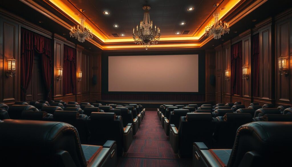premium cinema screens with plush leather reclining seats, state-of-the-art sound systems, and immersive projection technology in a dimly lit, luxurious theater setting. the screen dominates the frame, casting a warm glow that illuminates the theater's elegant decor - rich wood paneling, velvet curtains, and crystal chandeliers. the seats are arranged in a tiered layout, creating an intimate and exclusive atmosphere. the entire scene is captured with a cinematic, wide-angle lens that emphasizes the grandeur and attention to detail of this premium cinema experience.