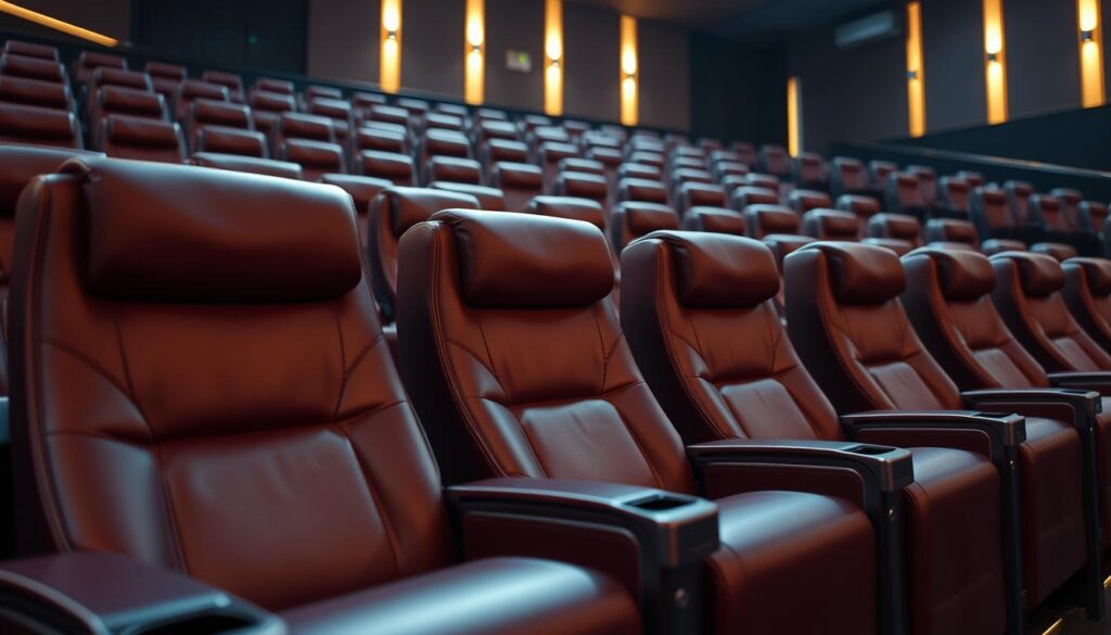 premium cinema seats, luxurious leather upholstery, plush cushioning, with soft ambient lighting casting a warm glow, arranged in a tiered stadium-style layout, high-back headrests for optimal comfort and support, sleek metal armrests with integrated cup holders, providing an immersive and indulgent viewing experience, wide spacing between rows for ample legroom, a sense of exclusivity and sophistication, captured in a cinematic wide-angle shot that emphasizes the grandeur and attention to detail, creating an atmosphere of elevated entertainment