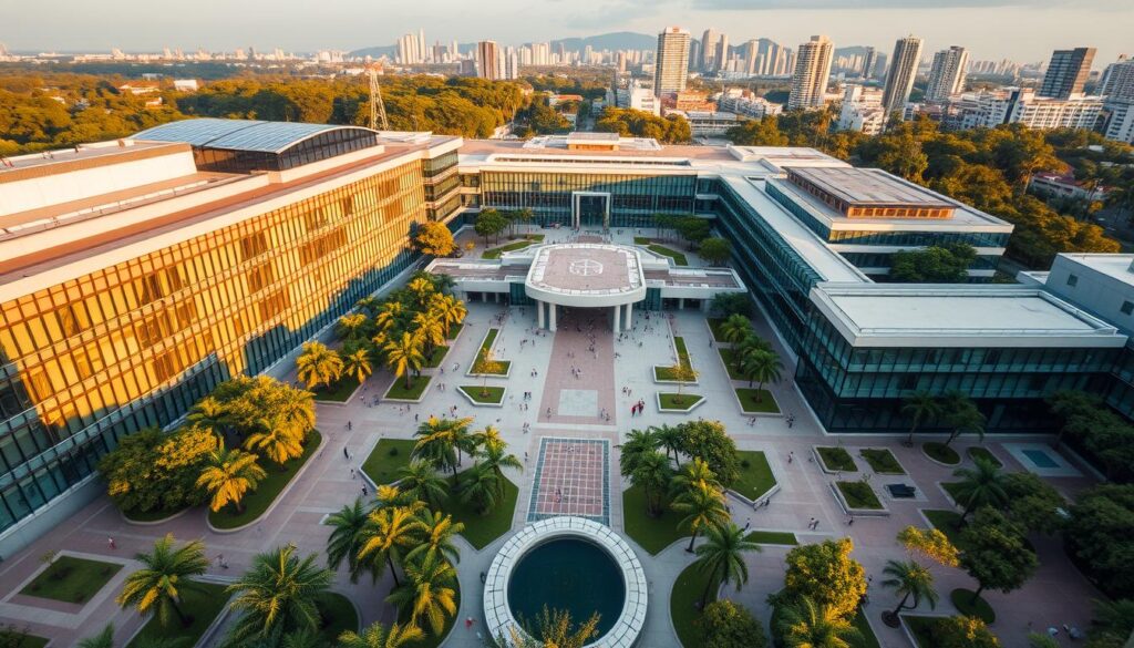 singapore management university campus, a modern architectural masterpiece set against a backdrop of lush greenery and vibrant city life. a sprawling campus with sleek, glass-fronted buildings arranged in a harmonious layout, bathed in warm, golden sunlight. the campus is alive with students bustling through courtyards and plazas, their energy and enthusiasm palpable. wide, tree-lined walkways lead to state-of-the-art lecture halls and research facilities, while tranquil ponds and gardens offer moments of respite. the entire scene is captured through a wide-angle lens, showcasing the impressive scale and seamless integration of the university's world-class facilities within the urban Singapore landscape. singapore management university campus, a modern architectural masterpiece set against a backdrop of lush greenery and vibrant city life. a sprawling campus with sleek, glass-fronted buildings arranged in a harmonious layout, bathed in warm, golden sunlight. the campus is alive with students bustling through courtyards and plazas, their energy and enthusiasm palpable. wide, tree-lined walkways lead to state-of-the-art lecture halls and research facilities, while tranquil ponds and gardens offer moments of respite. the entire scene is captured through a wide-angle lens, showcasing the impressive scale and seamless integration of the university's world-class facilities within the urban Singapore landscape.
