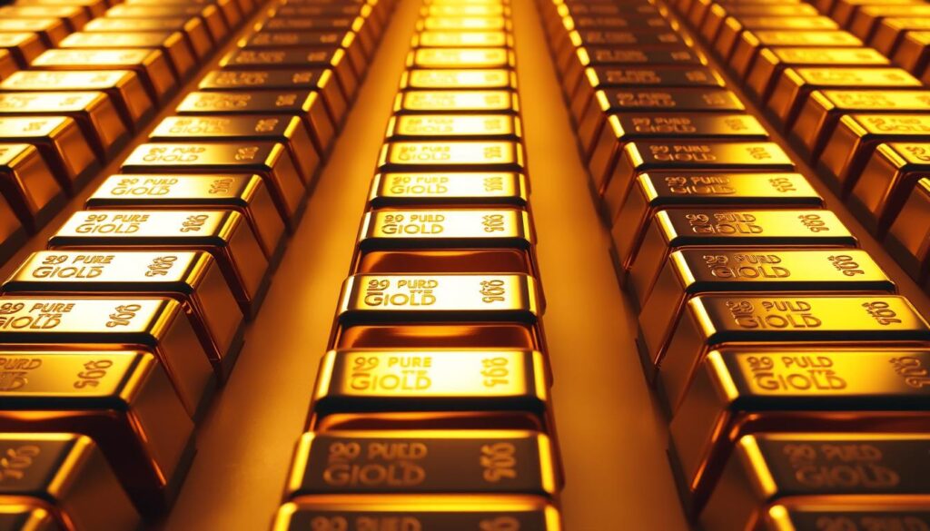 999 pure gold investment bars neatly arranged in rows, gleaming under warm studio lighting. The bars are of uniform size and shape, meticulously crafted with sharp edges and a flawless mirror-like finish. The scene is captured from a high angle, giving a bird's-eye view that emphasizes the sheer quantity and value of the gold. The background is clean and minimalist, allowing the bars to be the sole focus, exuding a sense of wealth, security, and financial stability. The overall atmosphere is one of exclusivity, precision, and the timeless allure of pure gold as a premier investment asset.