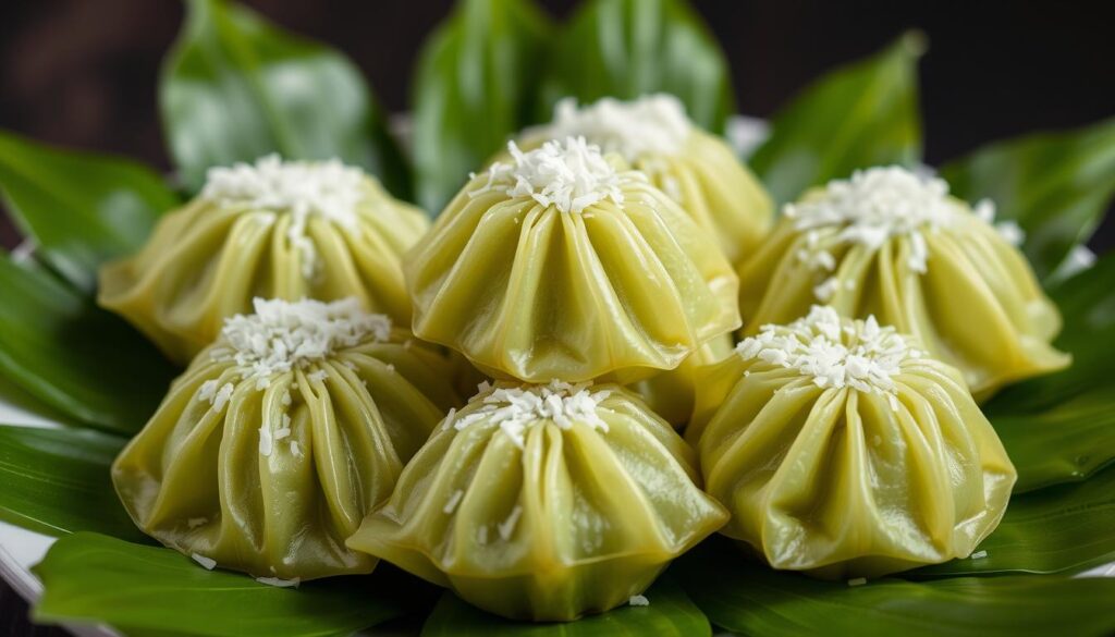 A beautifully arranged plate of vegetarian kuih lopes, their delicate green wrappers glistening with freshly grated coconut. The kuih lopes sit atop a bed of vibrant green leaves, creating a visually appealing contrast. The lighting is soft and diffused, highlighting the natural textures and colors of the kuih lopes. The overall composition conveys a sense of elegance and simplicity, inviting the viewer to appreciate the delicate flavors and craftsmanship of this traditional Malaysian delicacy.