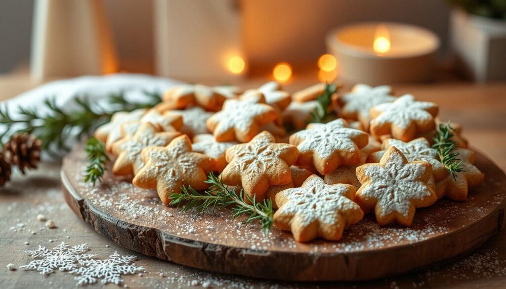 A beautifully arranged platter of gluten-free festive cookies, set against a soft, warm-toned backdrop. In the foreground, an assortment of delicate, crumbly cookies in various shapes and sizes, dusted with a light sprinkling of powdered sugar. The middle ground features a rustic, wooden surface, complemented by sprigs of fresh greenery and a subtle, golden-hued lighting that casts a gentle glow over the scene. The background is a blurred, cozy atmosphere, suggesting a homely, inviting kitchen setting. The overall composition evokes a sense of wholesome, health-conscious indulgence, perfect for the holiday season.