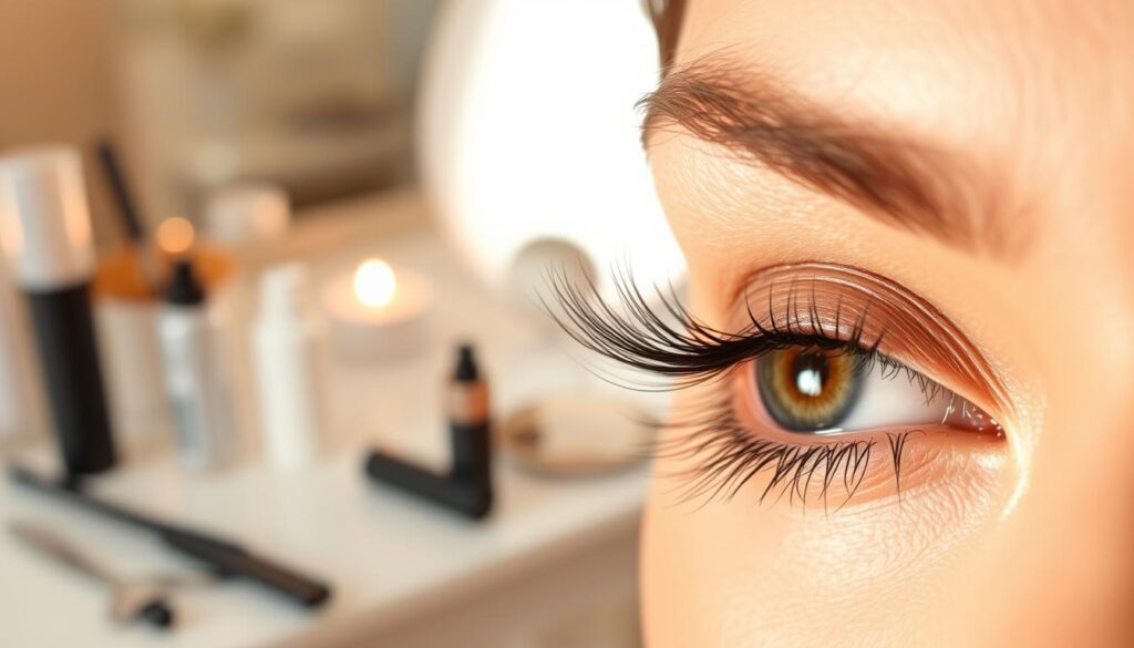 A beautifully lit close-up shot of a woman's eye with lush, natural-looking lash extensions. The lashes are well-groomed, with no visible clumping or gaps. The skin around the eye is flawless, glowing with a healthy radiance. In the background, a soft, out-of-focus image of a vanity table, with neatly arranged lash care products like mascara wands, lash conditioner, and a pair of tweezers. The lighting is warm and diffused, creating a serene, spa-like atmosphere. The overall impression is one of careful attention to detail and effective aftercare for long-lasting, gorgeous lash extensions.