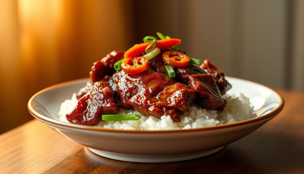 A beautifully presented braised duck rice plate, set against a softly blurred background. The tender, succulent duck meat glistens with a rich, caramelized glaze, resting atop fragrant white rice. Garnished with fresh, vibrant chili slices and a sprinkling of green onions, adding a touch of color and contrast. The plate is illuminated by warm, golden-hued lighting, casting a cozy, inviting atmosphere. Captured from a slightly elevated angle, showcasing the dish's delectable details and textures. This image perfectly encapsulates the essence of the best duck rice found in Singapore's vibrant culinary scene.