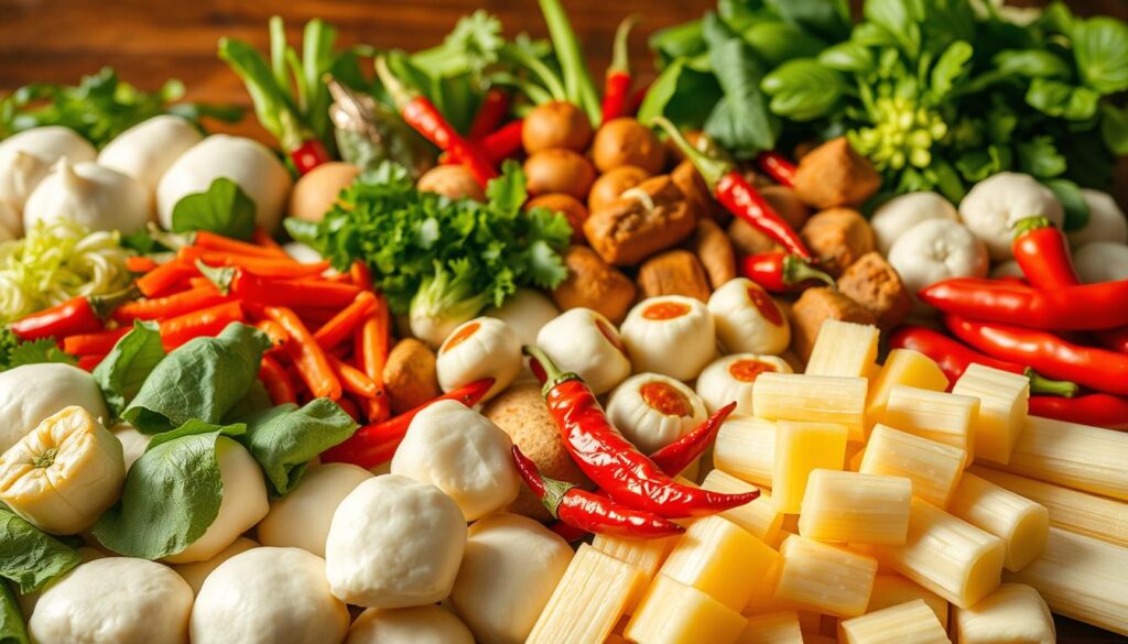 A bountiful arrangement of fresh, vibrant ingredients for a classic Singaporean Yong Tau Foo dish. In the foreground, an assortment of plump, juicy tofu puffs, crisp bean curd skin rolls, and delicate chili peppers. In the middle ground, a variety of hand-crafted fishballs, fish cakes, and stuffed chilies, all prepared with meticulous care. The background features a selection of seasonal leafy greens, fragrant herbs, and aromatic spices, setting the stage for a flavorful and visually captivating culinary experience. The lighting is warm and natural, casting a soft glow over the scene, and the camera angle is positioned to showcase the ingredients in an artful, appetizing manner.