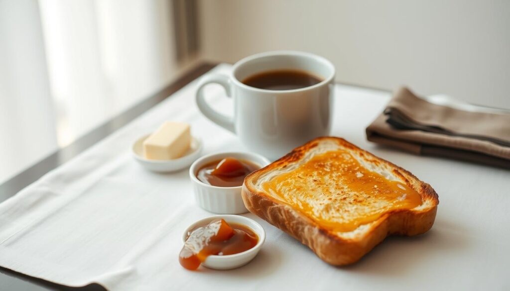 A breakfast table set with a classic Kaya toast combo. In the foreground, two golden-brown toasted slices of bread, lightly charred at the edges, are adorned with a generous spread of rich, glossy Kaya jam, a beloved Singaporean coconut and egg custard. Beside the toast, a pat of creamy butter and a side of sweet, runny kaya, invitingly presented in a small ceramic dish. In the middle ground, a plain white ceramic mug filled with freshly brewed, aromatic coffee, its steam rising gently. The background features a simple, minimalist table setting, with a crisp white tablecloth and a subtle, natural light illuminating the scene, creating a warm, inviting atmosphere.