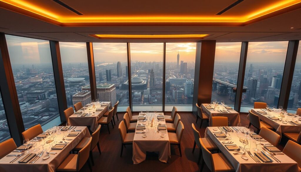A breathtaking bird's-eye view of Jaan, the renowned 70th-floor fine dining restaurant helmed by renowned chef Kirk Westaway. The panoramic vista showcases a sleek, contemporary dining room with floor-to-ceiling windows, bathed in warm, golden lighting that casts a soft, inviting glow. Meticulously laid tables adorned with crisp white linens and gleaming cutlery set the stage for an exquisite culinary experience, while the far-reaching cityscape of Singapore's iconic skyline provides a stunning backdrop. An elegant, minimalist ambiance pervades the space, evoking a sense of refined sophistication that perfectly aligns with Jaan's reputation for exceptional cuisine and unparalleled service.