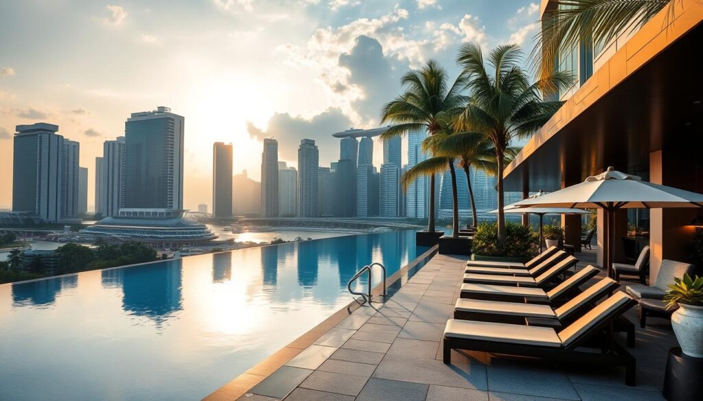 A breathtaking infinity pool overlooking the stunning Singapore skyline, with towering glass-fronted hotels and skyscrapers in the background. The pool's serene waters reflect the city's gleaming architecture, creating a mesmerizing visual harmony. Plush poolside loungers and umbrellas invite guests to relax and soak in the luxury ambiance. Warm, golden lighting filters through the palm trees, casting a soft, inviting glow over the scene. A high-end, contemporary hotel facade stands in the foreground, its sleek design and elegant details hinting at the opulent experiences within.