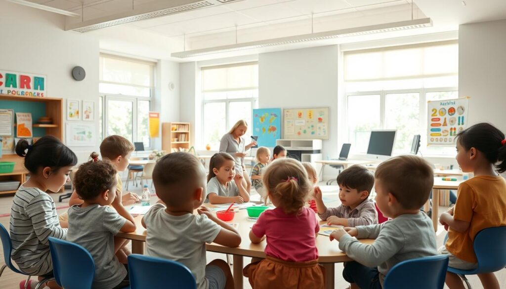 A bright, airy classroom with an abundance of natural light filtering through large windows. In the foreground, a group of preschool-aged children engaged in hands-on, collaborative learning activities, their faces filled with curiosity and excitement. On the walls, vibrant educational displays and artworks showcasing their creative endeavors. In the middle ground, a teacher guiding the children, employing research-backed teaching methods that nurture their cognitive, social, and emotional development. The background features modern, ergonomic furniture and cutting-edge educational technology, all working in harmony to create an optimal learning environment. The overall scene exudes a sense of warmth, engagement, and a deep commitment to research-driven early childhood education.