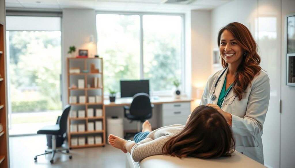 A bright, airy clinic interior with sleek, modern medical equipment. In the foreground, a smiling female doctor in a white coat examines a patient on an examination table. In the middle ground, shelves of medical supplies and a desk with a computer. The background features large windows overlooking a serene, verdant garden. Soft, warm lighting illuminates the scene, conveying a sense of professionalism, care, and comfort. The overall atmosphere is one of a comprehensive, state-of-the-art women's health facility dedicated to holistic patient well-being.