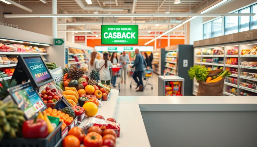 A bright, airy supermarket scene showcasing a variety of groceries and a cashback rewards program. In the foreground, a colorful array of fruits, vegetables, and household items are arranged on a clean, well-lit checkout counter. Behind the counter, a digital display highlights the cashback offers available to customers. The middle ground features shoppers perusing the aisles, their shopping carts filled with essential goods. The background depicts the store's interior, with warm lighting and a welcoming atmosphere. The overall composition conveys the convenience and savings associated with using a cashback credit card for everyday grocery purchases.