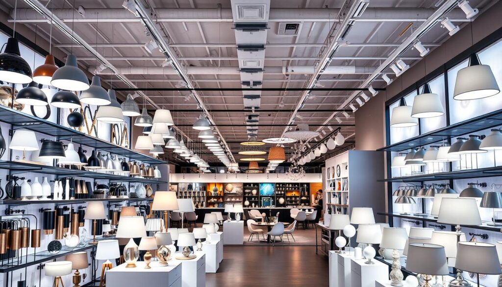 A bright, well-lit lighting showroom showcasing a diverse array of high-quality lighting fixtures. The foreground features an array of modern pendant lights, floor lamps, and table lamps in various styles and finishes, artfully displayed on shelves and plinths. The middle ground showcases a range of recessed and track lighting options, with clean, minimalist designs. In the background, a panoramic view of the showroom reveals a large selection of outdoor lighting, chandeliers, and decorative sconces, all bathed in warm, inviting illumination. The overall atmosphere is sleek, sophisticated, and designed to inspire customers with endless lighting possibilities for their homes or businesses.