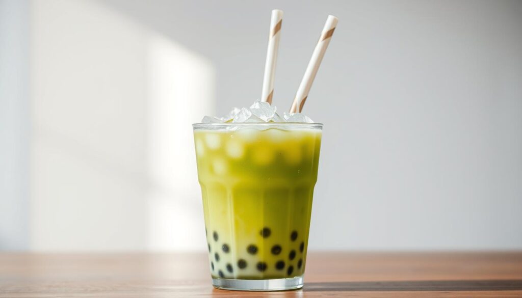 A brightly lit, high-quality photograph of an award-winning bubble tea, set against a clean, minimalist backdrop. The bubble tea cup is placed in the foreground, with a shallow depth of field that focuses the attention on the luscious, tapioca-filled drink. The tea itself is a vibrant, translucent shade of green, with delicate bubbles gently rising to the surface. Garnished with a sprinkle of crushed ice and a straw with a distinctive design, the overall presentation exudes a sense of sophistication and attention to detail. The lighting is soft and flattering, creating a warm, inviting atmosphere that highlights the premium quality of this exceptional bubble tea.