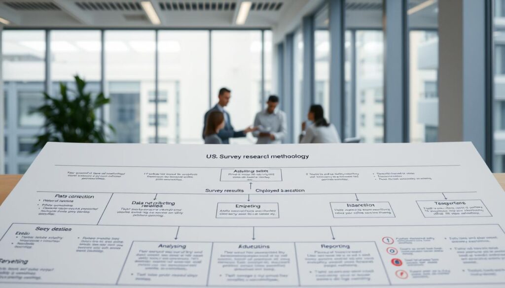A brightly lit, high-resolution image of a survey research methodology diagram. In the foreground, a detailed schematic layout showcases various stages of the survey process, including data collection, analysis, and reporting. The middle ground features a team of researchers collaborating around a table, engaged in discussions and reviewing survey results. In the background, a modern office setting with large windows, providing a sense of transparency and objectivity. The lighting is soft and even, creating a professional and informative atmosphere. The overall composition conveys a systematic, data-driven approach to understanding employee satisfaction and workplace dynamics.