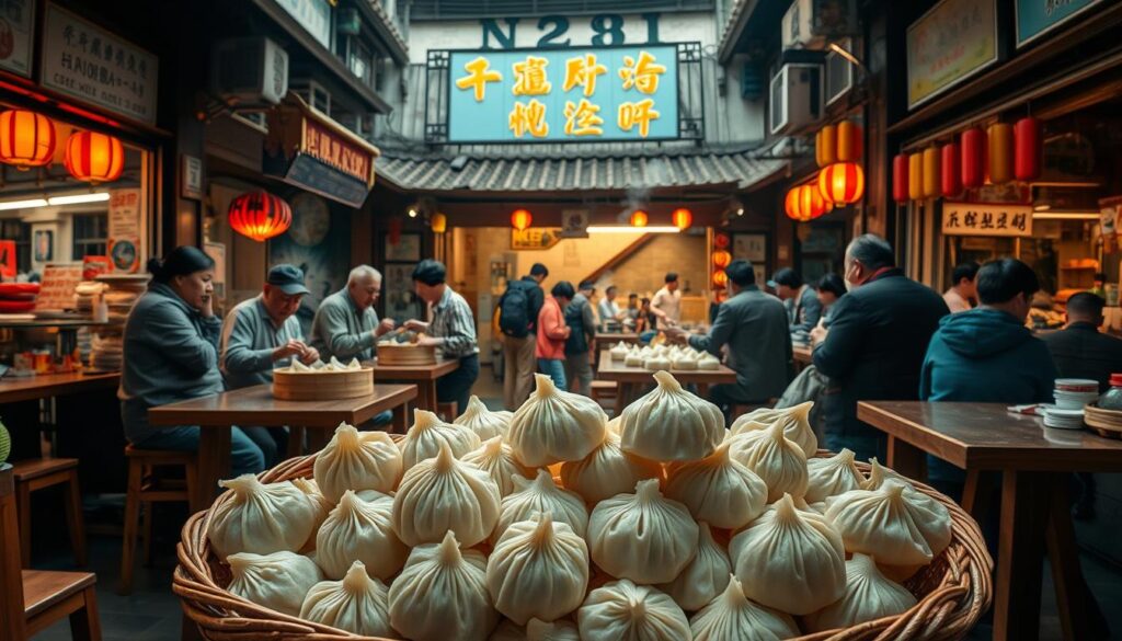A bustling Chinatown complex filled with the aroma of freshly steamed dumplings. In the foreground, a basket overflows with plump, glistening dumplings, their delicate wrappers folded into intricate patterns. Around it, wooden tables and stools are occupied by locals savoring each bite, chopsticks deftly navigating the savory morsels. In the middle ground, vendors tend to their steaming bamboo baskets, their faces illuminated by the warm glow of the kitchen. Beyond, the complex's weathered facade rises, its vibrant signage and traditional architecture creating a sense of timeless charm. Warm, directional lighting casts dynamic shadows, adding depth and texture to the scene. This intimate, authentic snapshot captures the essence of Chinatown's renowned dumpling culture.