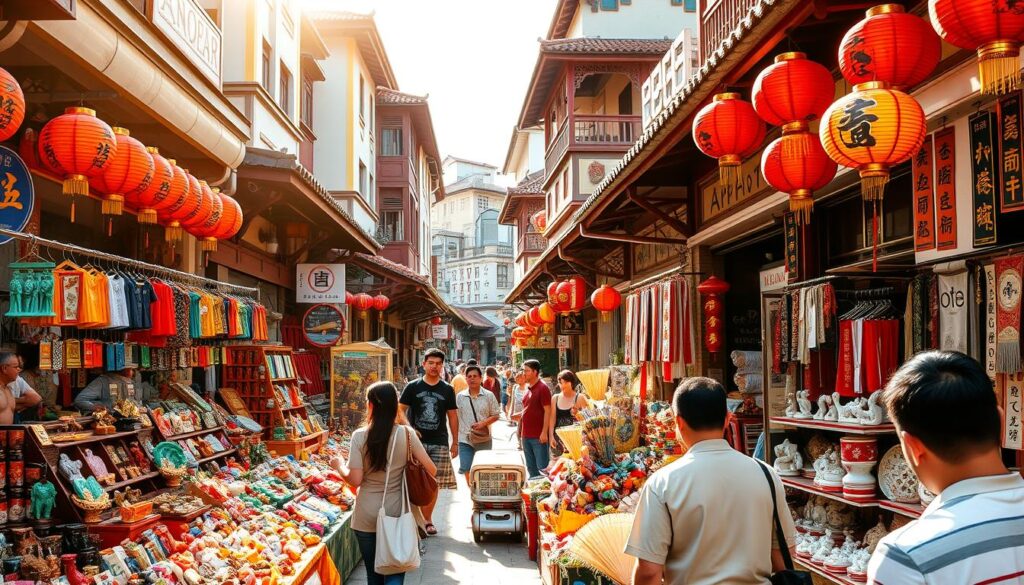 A bustling Chinatown street market, vibrant with colorful displays of traditional souvenirs. In the foreground, vendors offer an array of handcrafted trinkets, from intricate jade carvings to delicate silk fans. The middle ground is filled with stalls showcasing vibrant lanterns, calligraphy scrolls, and porcelain figurines. In the background, the iconic shophouses of Chinatown provide a picturesque setting, their facades adorned with Chinese characters and ornate architectural details. Warm sunlight filters through the narrow streets, casting a golden glow over the lively scene. The atmosphere is one of cultural immersion, where the sights, sounds, and scents of authentic Singapore captivate the senses.