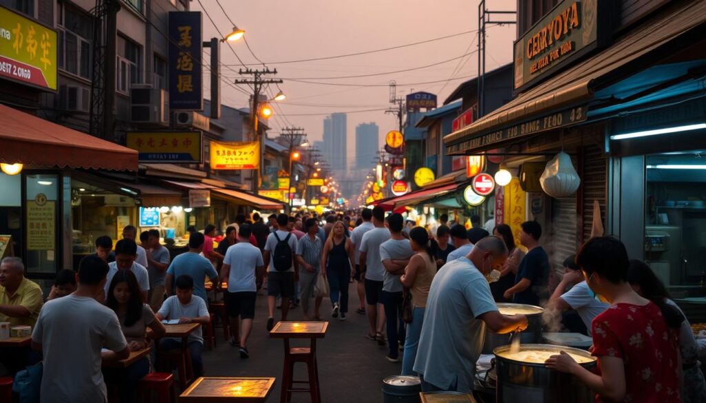 A bustling Geylang Road at dusk, warm glow of street lamps illuminating the vibrant frog porridge stalls. In the foreground, a vendor skillfully prepares the iconic dish, steam rising from the simmering pot. Patrons gather around small tables, immersed in the lively atmosphere and savoring the fragrant, comforting flavors. In the middle ground, the distinctive architecture of shophouses and vibrant signage create a distinctly Singaporean streetscape. The background fades into a hazy, atmospheric cityscape, hinting at the diverse offerings of this renowned food enclave.