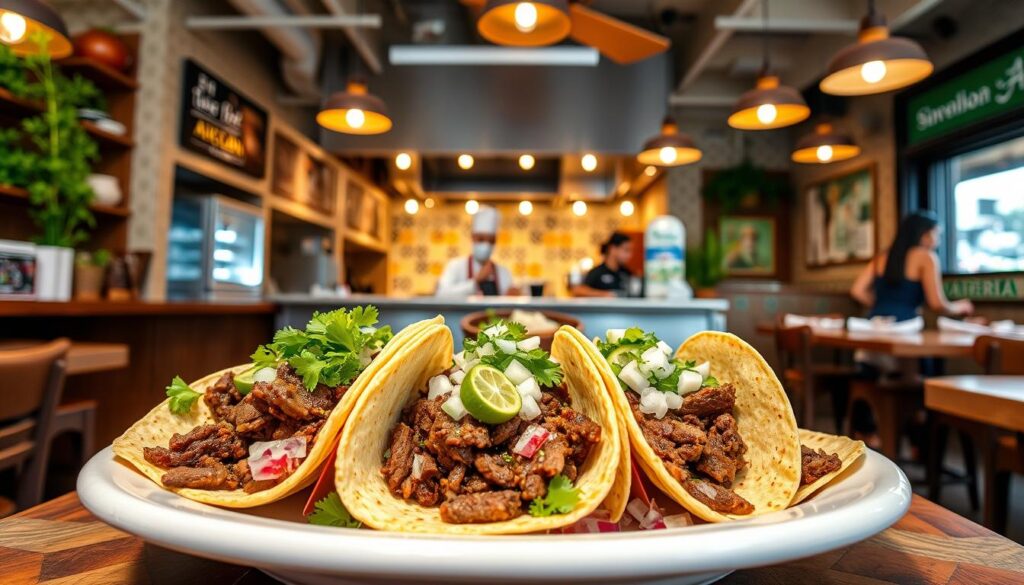 A bustling Mexican taqueria in Singapore, with vibrant halal-certified dishes taking center stage. In the foreground, a platter of succulent beef tacos, garnished with fresh cilantro, diced onions, and a tangy salsa verde. The middle ground features a lively open kitchen, where chefs skillfully assemble an array of halal-friendly Mexican specialties. In the background, a warm, inviting atmosphere is created by the rustic wooden furnishings, vibrant tile patterns, and soft lighting that casts a cozy glow over the space. The overall scene conveys a harmonious fusion of authentic Mexican flavors and Singapore's multicultural spirit.
