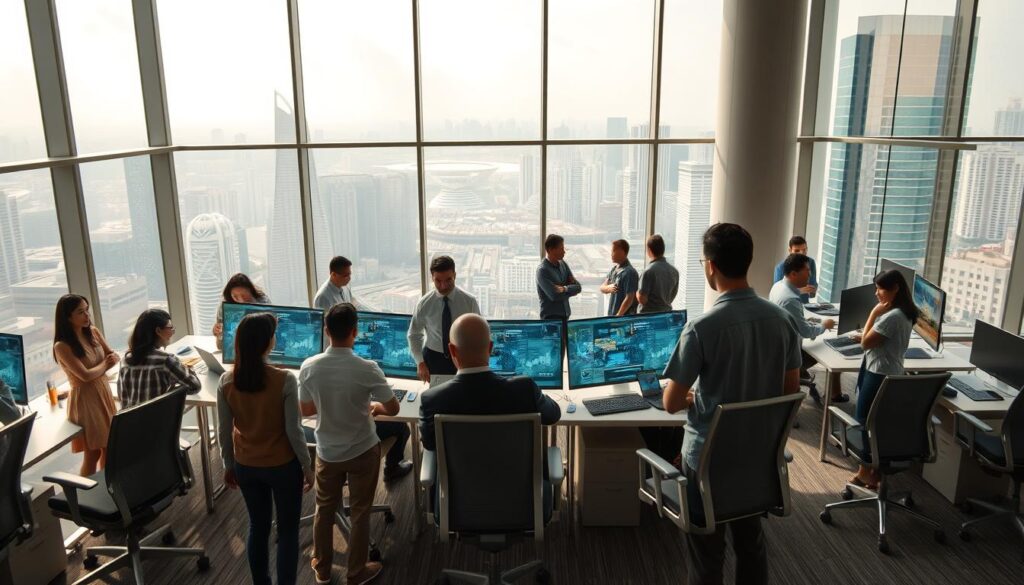 A bustling Singapore office in 2025, filled with natural light from floor-to-ceiling windows. In the foreground, a team of diverse professionals collaborating on holographic displays, their dynamic movements captured in a wide-angle, cinematic shot. In the middle ground, employees engaged in casual discussions, some lounging in ergonomic chairs, others standing at height-adjustable desks. The background features a panoramic view of the city skyline, with skyscrapers and hover-taxis visible through the glass walls. The overall atmosphere is one of productivity, innovation, and a forward-thinking corporate culture.