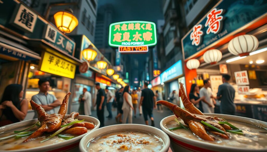 A bustling Singapore street, dimly lit by warm overhead lamps, showcasing five renowned frog porridge establishments. In the foreground, steaming bowls of the signature dish, garnished with succulent frog legs, green onions, and a sprinkle of white pepper. The middle ground features the lively atmosphere, with patrons savoring their meals and locals chatting animatedly. In the background, neon-lit signage and colorful facades of the eateries create a vibrant, nighttime ambiance. Capture the essence of this quintessential Singaporean culinary experience with a cinematic, documentary-style perspective, utilizing a wide-angle lens to encompass the sights, sounds, and aromas of these top frog porridge spots.