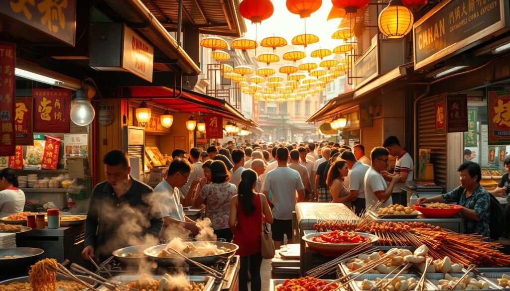 A bustling Singaporean hawker food centre, bathed in warm, golden light. In the foreground, a vibrant display of sizzling dishes - fragrant noodles, steaming dumplings, and delectable skewers. The middle ground bustles with a lively crowd of locals and tourists, immersed in the energetic atmosphere. In the background, a tapestry of colorful umbrellas and weathered shophouses, capturing the rich heritage of this iconic Chinatown setting. The scene evokes the perfect balance of cultural authenticity and culinary delights, inviting the viewer to embark on a delicious local food adventure.