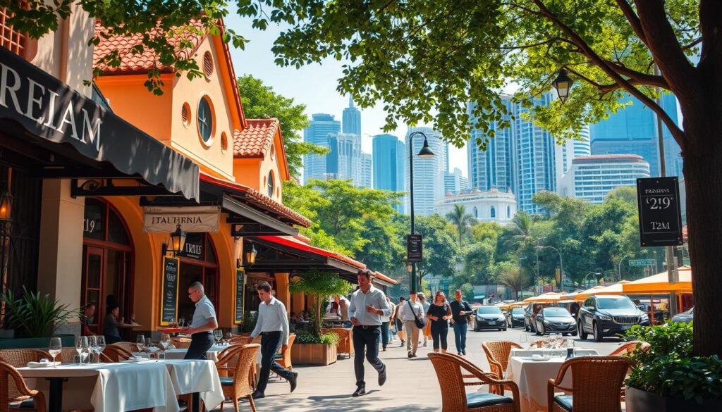 A bustling Singaporean street, lined with vibrant, sun-drenched Italian restaurants. In the foreground, a charming outdoor dining area with crisp white tablecloths and rattan chairs. Waiters hurry past, carrying trays laden with steaming pasta dishes and glasses of rich red wine. The middle ground features the facade of a traditional Italian trattoria, its terracotta roof tiles and ornate arched windows giving it an air of timeless elegance. In the background, a blend of modern high-rises and lush, verdant foliage, creating a dynamic cityscape. Warm, golden lighting casts a cozy glow, evoking the convivial atmosphere of a true Italian culinary experience.