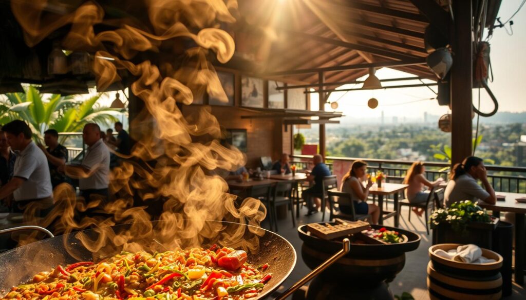 A bustling Southeast Asian street scene, bathed in warm, golden light filtering through the haze. In the foreground, a sizzling wok emits fragrant wisps of smoke, filled with a medley of spices and sauces. Vibrant, freshly-chopped ingredients sit ready for the chef's skilled hands. In the middle ground, a charming open-air restaurant, its wooden beams and thatched roof creating an inviting, rustic ambiance. Diners seated at intimate tables, savoring the complex, aromatic flavors. In the background, glimpses of lush tropical foliage and distant city skyline, completing the immersive, atmospheric scene.