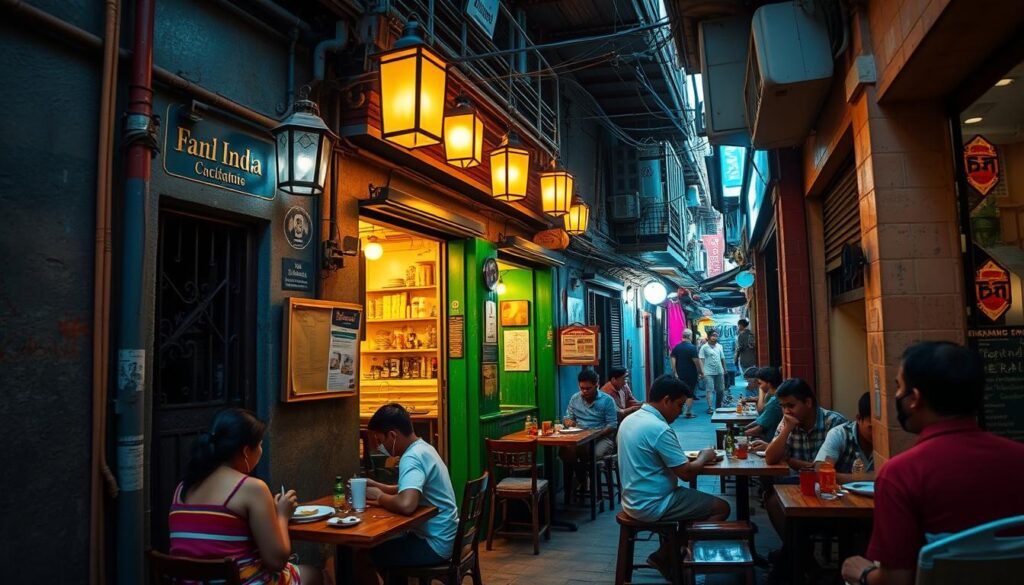 A bustling alleyway in the heart of Little India, Singapore, hidden from the main streets. Vibrant colors and intricate architectural details line the path, leading to a quaint family-owned eatery tucked away. The warm glow of lanterns casts a cozy ambiance, while the tantalizing aromas of spices and sizzling curries waft through the air. A small group of locals and adventurous diners savor their meals at simple wooden tables, immersed in the authentic flavors and lively atmosphere of this off-the-beaten-path gem. Shot with a wide-angle lens to capture the intimate, immersive scene, using soft, diffused natural lighting to accentuate the rich textures and hues.