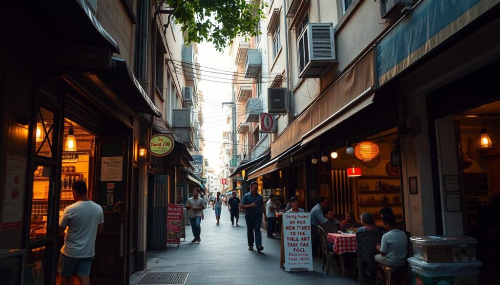 A bustling alleyway in the heart of Singapore's Kampong Glam district, lined with discreet Malay eateries and hawker stalls. In the warm, golden light of dusk, a weathered shophouse facade reveals a hidden entrance to a family-run restaurant, its aroma of spices and simmering curries wafting out to beckon passersby. Lively chatter and the clink of plates emanate from the cozy, dimly lit interior, where locals and in-the-know diners savor authentic Malay dishes passed down through generations. A sense of discovery and culinary adventure permeates the scene, as the camera captures the vibrant, unpretentious essence of these beloved, off-the-beaten-path Malay food havens.