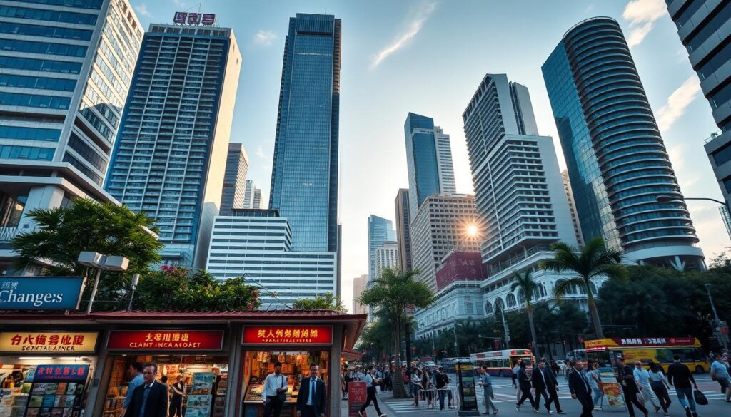 A bustling central business district in Singapore, with towering skyscrapers casting long shadows over the busy streets below. In the foreground, a cluster of money changers' stalls, their vibrant signage and displays of various currencies catching the eye. Pedestrians hurry past, briefcases in hand, as the afternoon sunlight filters through the urban landscape. The scene is infused with a sense of efficiency and financial energy, capturing the essence of Singapore's reputation as a global financial hub.