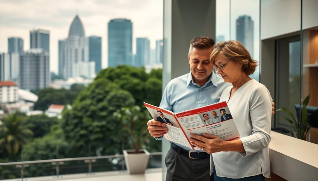 A bustling city skyline, the towering skyscrapers of Singapore's financial district in the background. In the foreground, a well-appointed medical office, its inviting entrance framed by lush greenery. A middle-aged couple stands at the reception, carefully examining a brochure that highlights the credentials and specialties of the featured cardiologist. The lighting is warm and professional, conveying a sense of expertise and care. A subtle depth of field draws the eye to the couple, emphasizing the gravity of their decision to choose the right heart specialist for their needs. The overall mood is one of thoughtful consideration, as the couple contemplates the next step in their healthcare journey.