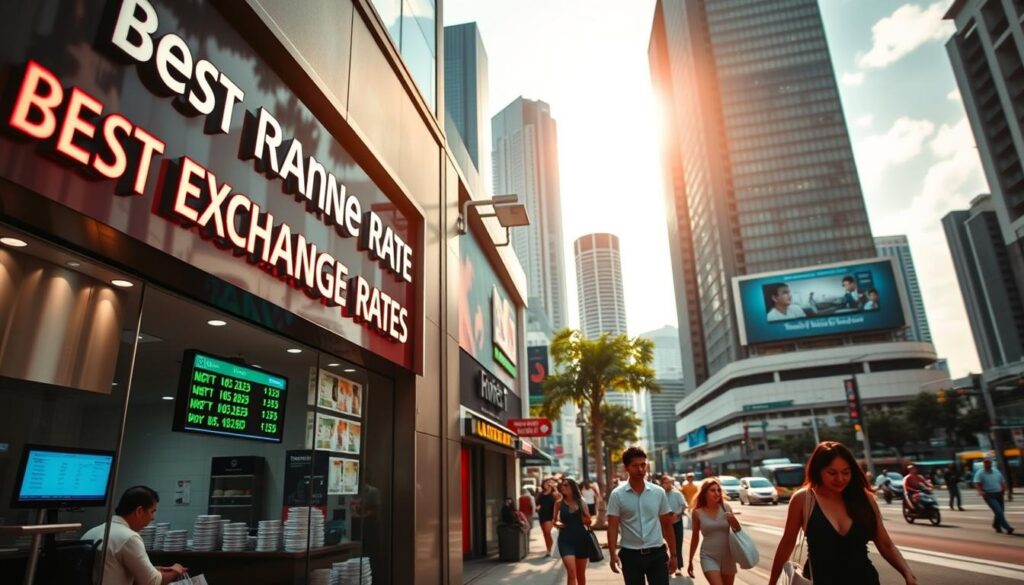 A bustling city street in Singapore, with a prominent currency exchange office in the foreground. The storefront is brightly lit, its signage displaying "Best Exchange Rates" in bold, neon-like letters. Inside, the teller's counter is visible, surrounded by stacks of international currencies and a digital display showcasing the latest exchange rates. The middle ground features pedestrians hurrying past, some carrying shopping bags, while the background is dotted with towering skyscrapers and a clear, sunlit sky. The overall scene conveys a sense of financial vitality and the convenience of finding the best exchange rates in the heart of Singapore's commercial district.