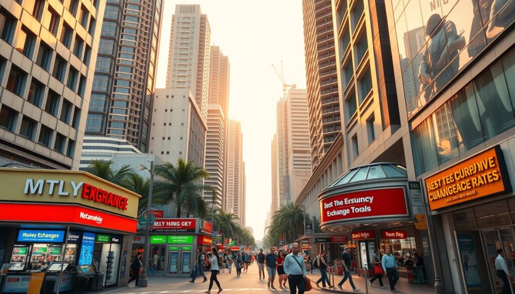 A bustling city street in Singapore's financial district, with towering high-rise buildings in the background. In the foreground, several currency exchange booths and shops stand prominently, their vibrant signage and displays showcasing the best money changer rates. The scene is bathed in warm, golden light, casting a welcoming glow over the area. Pedestrians and commuters move through the frame, adding a sense of energy and activity to the image. The overall composition emphasizes the convenience and accessibility of these top currency exchange locations, providing a visually compelling representation of the section title.