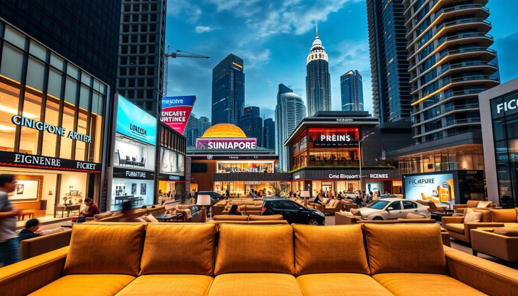 A bustling cityscape of Singapore's premier furniture stores, captured in a vibrant, well-lit scene. In the foreground, sleek, modern sofas take center stage, showcasing the latest design trends. The middle ground features a variety of high-end furniture showrooms, their facades adorned with elegant signage and display windows. In the background, the iconic skyscrapers of Singapore's skyline rise up, creating a sophisticated, metropolitan backdrop. The lighting is warm and inviting, casting a gentle glow over the entire scene, drawing the viewer's eye towards the impressive collection of furniture options. The overall atmosphere conveys a sense of style, quality, and the pinnacle of Singapore's thriving retail furniture landscape.