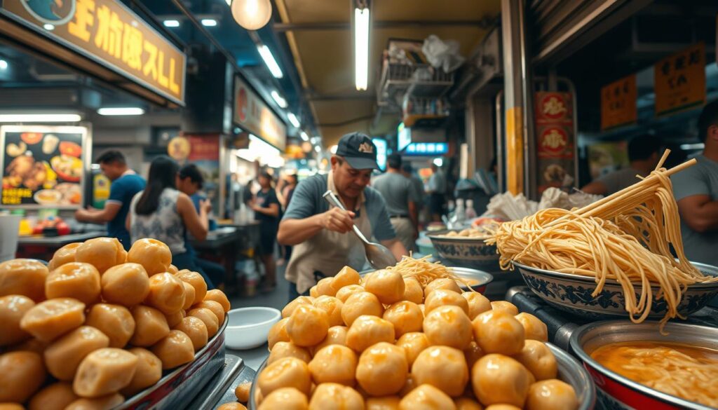 A bustling fish ball noodle stall in the heart of a lively Singaporean hawker center. The foreground showcases an array of freshly prepared fish balls, bouncy and glistening, alongside steaming hot bowls of springy noodles. In the middle ground, the stall owner skillfully assembles each order, hands expertly maneuvering the ladle and tongs. The background reveals the vibrant atmosphere of the hawker center, with other stalls and diners creating a lively, authentic ambiance. Warm lighting casts a cozy glow, while a slight, refreshing breeze ruffles the stall's awning. The scene captures the essence of a beloved local delicacy and the convivial spirit of a Singaporean hawker experience.