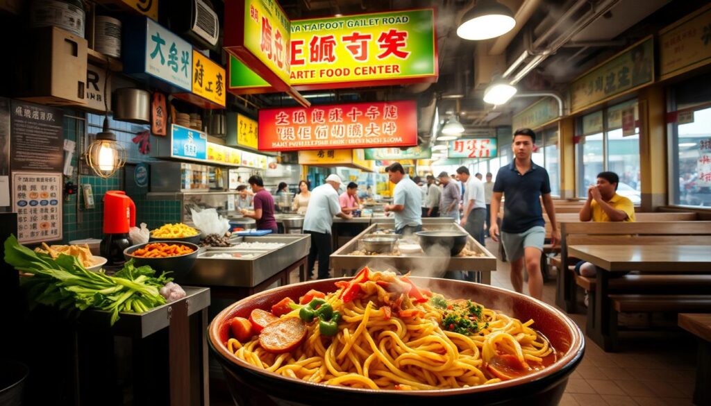 A bustling food stall in the heart of the Old Airport Road Food Center, showcasing a vibrant display of steaming noodle dishes. The foreground features a close-up view of a large bowl brimming with aromatic, hand-pulled noodles, garnished with fresh vegetables, sauces, and meats. Wafting steam creates a sense of mouth-watering anticipation. In the middle ground, the stall's vibrant signage and bustling activity of chefs preparing orders convey the energy and history of this iconic Singaporean hawker center. The background captures the timeless atmosphere, with wooden benches, tiled floors, and a lively crowd of local diners enjoying the flavors of this culinary time capsule. Warm, natural lighting illuminates the scene, evoking the authentic, nostalgic ambiance of this beloved food destination.