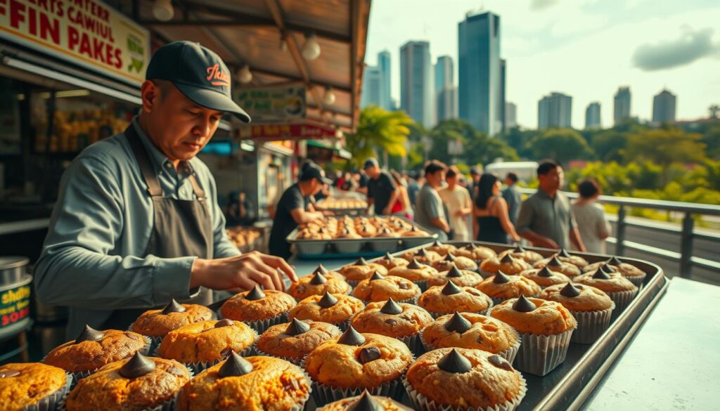 A bustling hawker center in Singapore, filled with the tantalizing aroma of freshly baked chocolate chip muffins. In the foreground, a skilled muffin vendor skillfully arranges the golden-topped treats on a tray, their crisp exteriors contrasting with the gooey, molten chocolate chips within. The middle ground captures the lively atmosphere of the hawker center, with patrons eagerly awaiting their turn to savor the irresistible muffins. In the background, a vibrant cityscape of towering skyscrapers and lush greenery sets the scene, bathed in the warm, golden light of the midday sun. The image conveys a sense of authentic Singaporean cuisine, where the humble muffin is elevated to a local delicacy.