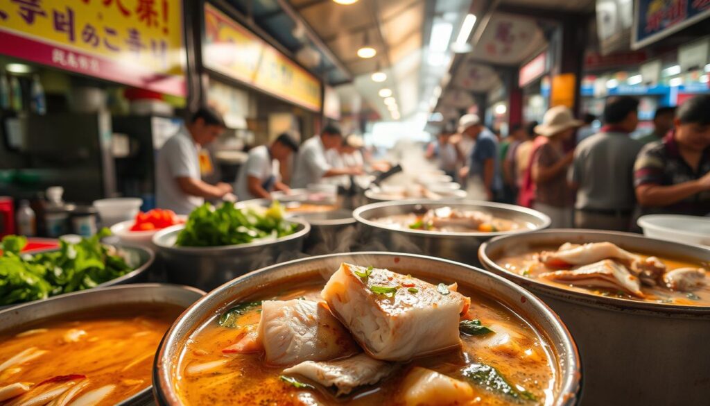 A bustling hawker center in Singapore, the sun's warm glow casting a soft light across the steaming bowls of fish soup. In the foreground, a delectable dish filled with fresh, flaky fish, thick, savory broth, and aromatic herbs. The middle ground showcases the vibrant energy of the hawker stall, with chefs skillfully preparing the signature dish. In the background, a bustling crowd of locals and tourists savoring the comforting flavors of this Singaporean culinary delight. The scene is a harmonious blend of sights, sounds, and scents, capturing the essence of the city's best soup experiences.