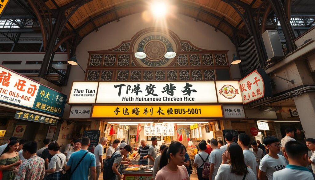 A bustling hawker center in the heart of Singapore, Maxwell Food Centre stands as a beacon of local culinary heritage. Capture its vibrant atmosphere with a wide-angle lens, showcasing the center's intricate architectural details and the lively crowds gathered around its numerous food stalls. Highlight the iconic Tian Tian Hainanese Chicken Rice stall, its signage and menu boards prominently displayed, as the focal point. Bathe the scene in warm, golden sunlight, casting a cozy glow over the bustling scene. Convey the palpable energy and mouthwatering aromas that permeate this beloved community hub, a true embodiment of Singapore's rich hawker culture.