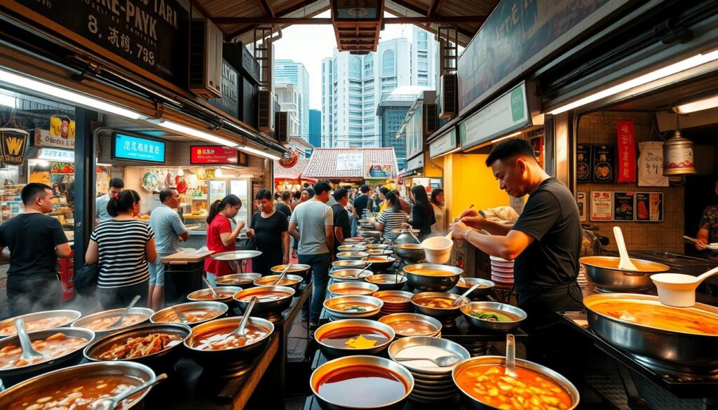 A bustling hawker center in the heart of Singapore, filled with the aroma of simmering broths and the chatter of locals. In the foreground, a vibrant display of unique soup offerings - from the aromatic Bak Kut Teh, with its herbal notes, to the comforting Laksa, brimming with spices and coconut. In the middle ground, chefs expertly ladle the piping hot soups into ceramic bowls, their skilled hands a testament to generations of culinary tradition. The background showcases the diverse architectural styles of Singapore, a tapestry of old and new, creating a visually captivating setting for these singular soup experiences. Warm lighting casts a cozy glow, inviting the senses to be immersed in the flavorful diversity of Singapore's iconic soup culture.