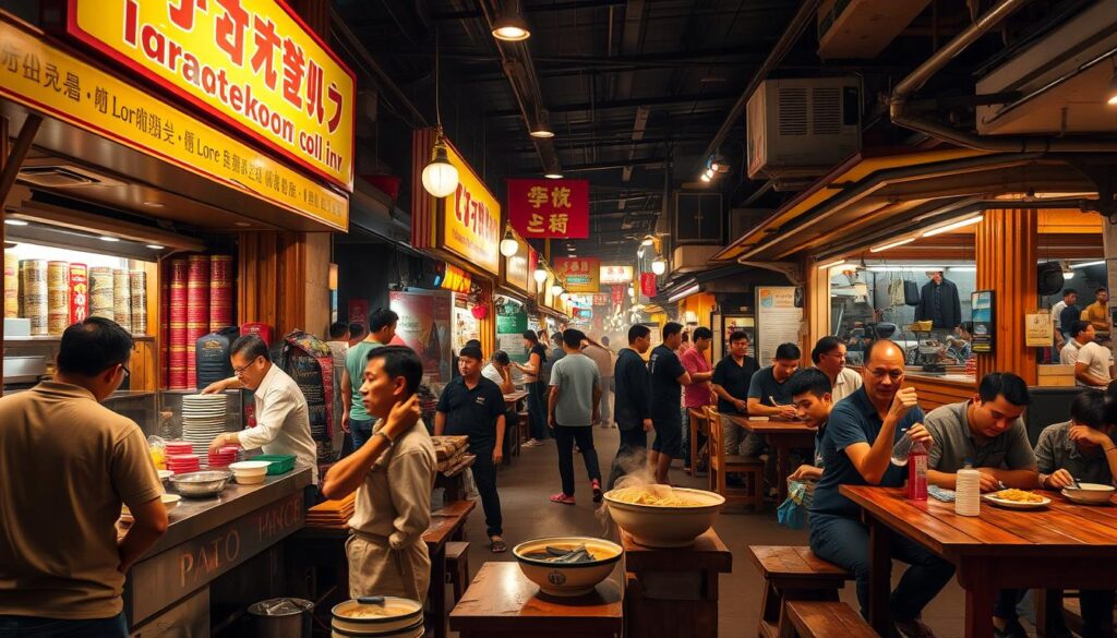 A bustling hawker center in the heart of Singapore, with a lively array of traditional lor mee stalls. The stalls are adorned with vibrant signage and bustling with activity, as customers eagerly await their steaming bowls of the beloved noodle dish. The scene is bathed in warm, golden lighting, casting a cozy glow over the scene. In the foreground, the vendor stands ready, skillfully ladling the savory broth over fresh noodles, while in the background, patrons sit at worn wooden tables, enjoying their hearty meals. The atmosphere is one of camaraderie and culinary delight, capturing the essence of Singapore's vibrant hawker culture.