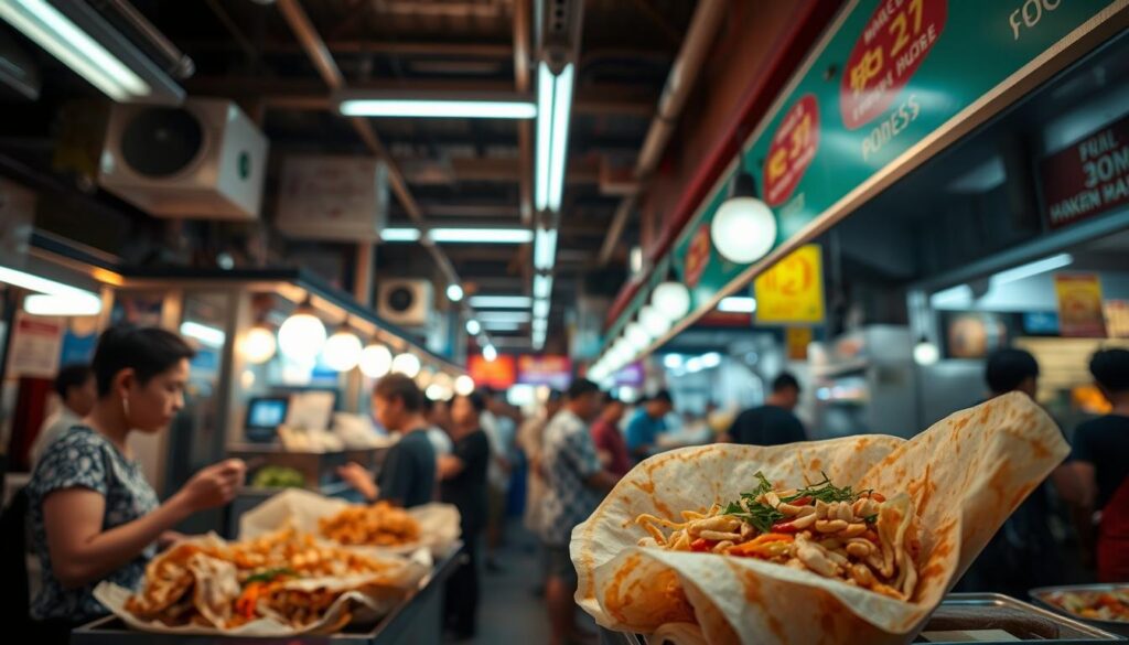 A bustling hawker center, the warm glow of fluorescent lights casting a cozy ambiance. In the foreground, a humble stall offers an array of freshly prepared popiah, the thin, hand-rolled crepes filled with shredded vegetables, tangy sauce, and crunchy peanuts. The middle ground features patrons eagerly queuing, anticipating the satisfying flavors of this affordable local delicacy. In the background, the vibrant energy of the hawker center comes alive, with the sizzle of woks, the chatter of diners, and the overall sense of community. A wide-angle lens captures the essence of this quintessential Singaporean experience, where the simplicity of a popiah translates into a moment of pure delight.