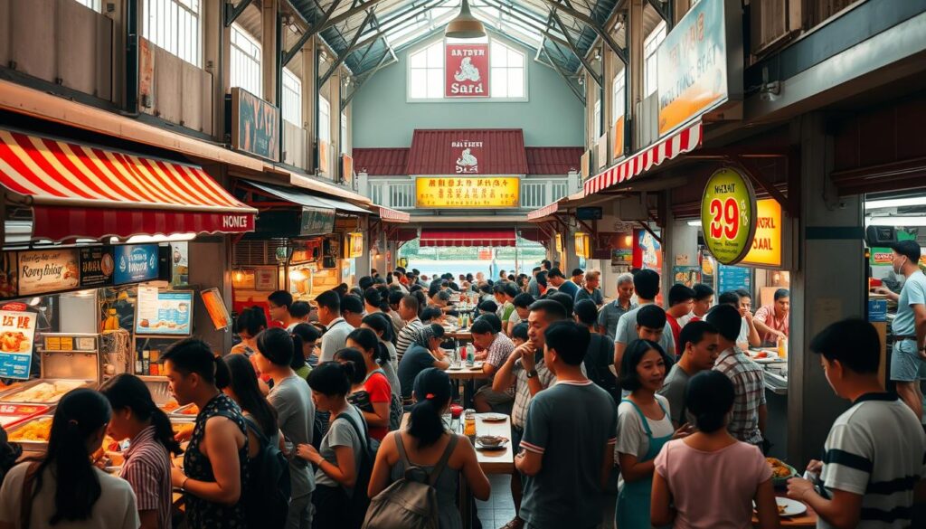 A bustling hawker centre at the perfect breakfast hour, the warm morning light casting a cozy glow over the lively scene. Rows of food stalls beckon with tempting aromas, their colourful awnings and signage creating a vibrant atmosphere. In the foreground, patrons queue patiently, chatting and anticipating their delectable meals. The middle ground features the central dining area, packed with diners savoring their local delicacies, from piping hot kaya toast to fragrant nasi lemak. The background reveals the architectural details of the hawker centre, its distinctive design blending traditional and modern elements. A sense of community and culinary tradition permeates the entire setting, inviting the viewer to imagine the perfect time to indulge in Singapore's iconic hawker fare.