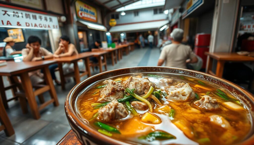A bustling hawker centre in Singapore, Berseh Food Centre, sets the stage for a savory delight - a steaming bowl of mutton soup. In the foreground, the rich, aromatic broth takes center stage, its surface glistening with the fat and herbs that lend it its distinctive flavor. Tender chunks of mutton float amidst a medley of sliced greens and root vegetables, inviting the viewer to imagine the comforting, heartwarming experience of enjoying this local delicacy. The middle ground reveals the lively atmosphere of the food centre, with diners seated at simple wooden tables, creating a sense of community and authenticity. In the background, the weathered facades of the surrounding buildings and the vibrant signage add to the vibrant, bustling ambiance, capturing the essence of this beloved Singaporean food destination.