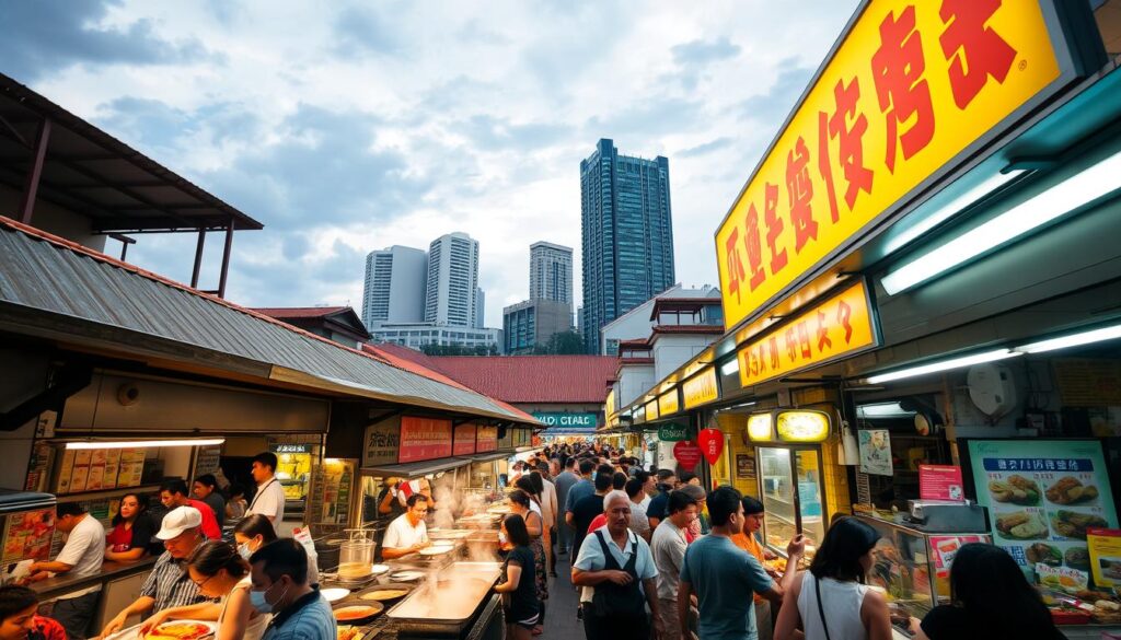 A bustling hawker centre in Singapore, Maxwell Food Centre showcases a vibrant array of local cuisine. Capture the lively atmosphere with a wide-angle lens, framing the diverse stalls lined up in the foreground, sizzling woks and steam billowing from the middle ground. Bright fluorescent lights illuminate the scene, casting a warm glow over the bustling crowd of patrons. In the background, a modern high-rise skyline contrasts with the heritage architecture, creating a distinct Singaporean ambience. Emphasize the rich textures, mouthwatering aromas, and cultural energy that define this beloved hawker paradise.