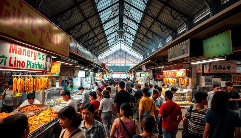A bustling hawker centre in the heart of Singapore, its vibrant stalls and sizzling aromas creating a lively, multi-sensory experience. The foreground features a diverse array of Malay delicacies, from aromatic nasi goreng to tantalizing satay skewers, inviting passersby to indulge in the rich flavors. In the middle ground, a bustling crowd of locals and tourists navigates the crowded walkways, immersed in the energetic atmosphere. The background showcases the distinctive architecture of the hawker centre, with its iconic pitched roofs and open-air design, capturing the essence of Singaporean street food culture. Warm, diffused lighting and a slight blur effect create a sense of warmth and authenticity, transporting the viewer to the vibrant heart of Malay culinary delights.