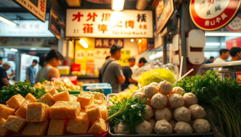 A bustling hawker stall in the heart of Singapore, showcasing an array of fresh, affordable yong tau foo delicacies. In the foreground, an assortment of tofu, vegetables, and fish balls are neatly arranged, glistening under the warm, fluorescent lights. The middle ground captures the lively atmosphere, with a line of customers eagerly waiting to customize their perfect bowl of yong tau foo. In the background, the stall's vibrant signage and the hum of the bustling hawker center create a distinctly Singaporean ambiance. The scene is bathed in a soft, golden glow, conveying a sense of comfort and nostalgia. The overall composition evokes the everyday delights of enjoying a hearty, budget-friendly yong tau foo meal in Singapore.